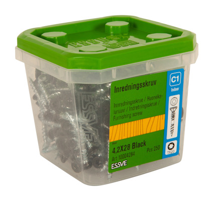 Plastlåda med grönt lock innehållande 250 inredningsskruvar, 4,2x28 mm, märkt Essve.