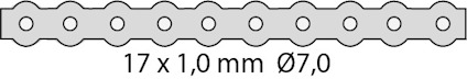 Grått profilerat band med ovala hål och texten "17 x 1,0 mm Ø7,0".