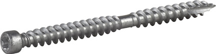 Metallisk skruv med korrugerad gänga och sexkantigt huvud, liggande horisontellt.