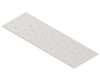 Rektangulär metallplatta med jämnt fördelade runda hål.