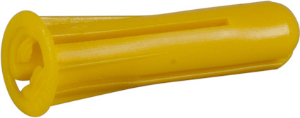 Gul plastplugg med ribbad yta och slitsad topp.