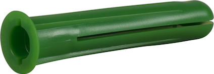 Grön plastplugg med slitsad kropp och platt huvud.