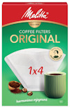 Förpackning med Melitta Original kaffefilter 1x4, grön bakgrund, kaffeböna och en kopp kaffe nederst.