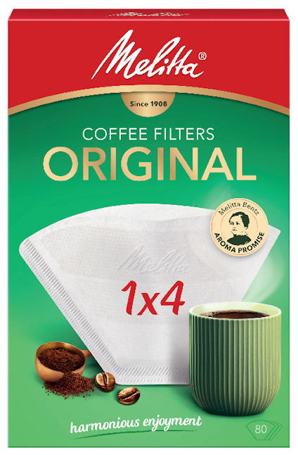 Förpackning med Melitta Original kaffefilter 1x4, grön bakgrund, kaffeböna och en kopp kaffe nederst.