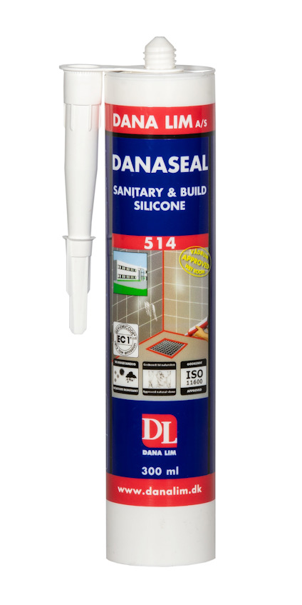 Kassett med våtrumssilikon från Dana Lim, etikett i blått och rött med texten "DanaSeal Sanitary & Build Silicone 514".