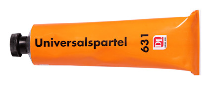 Orange tub med texten "Universalspackel 631" och en logotyp i vitt och rött.