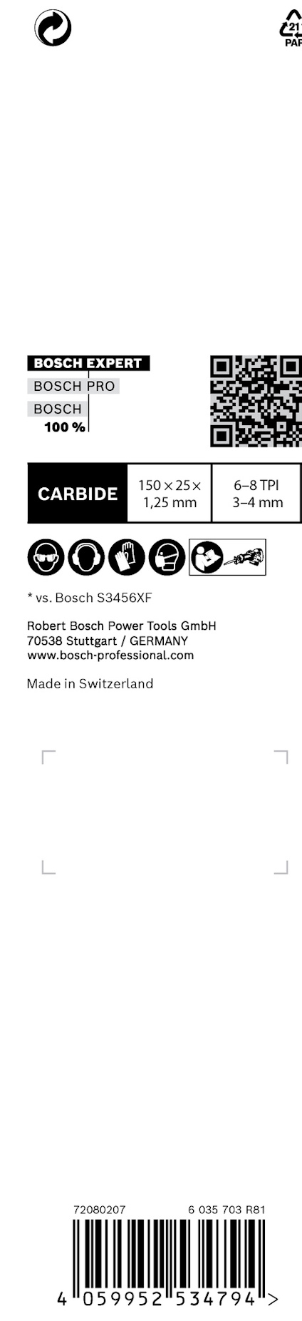 Vit förpackning med texten: "Bosch PMD 18060-00P, 1x Bosch 54ASBF, RUBERT Bew. Paper Mat. Gerani ncause Paperback/Carton."
