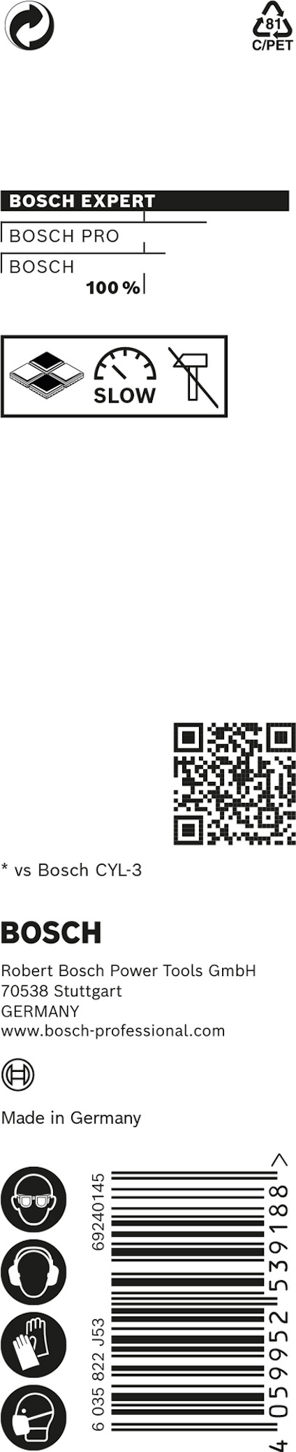Förpackning med Bosch Expert, 100x10 mm, QR-kod, Bosch-logotyp, tillverkad i Tyskland.