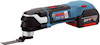 Multiverktyg i blått och svart med Bosch-logotyp, utrustad med ett blad och ett 18V batteri.