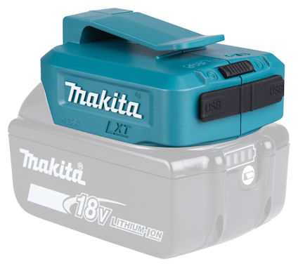 Blå batteriadapter med två USB-portar, märkt "Makita". Monterad på ett illustrerat 18V litiumjonbatteri.