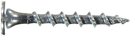 Metallskruv med platt huvud och vassa gängor, sett i profil.