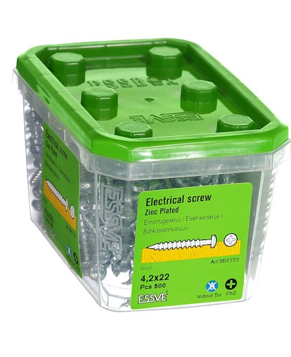 Plastburk med elmontageskruv, förzinkad, 4x22 mm, 500 st. Märkt med ESSVE och artikelnummer 552722.