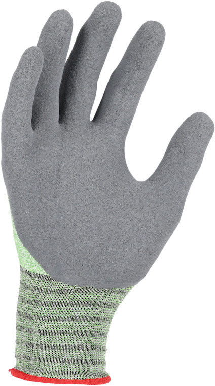 Grön och grå arbetshandske med röd kant längst ner, sedd från sidan.