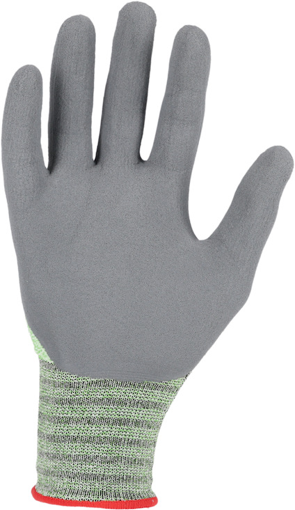 Grå skyddshandske med grön randig mudd och röd kant.