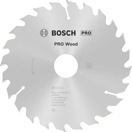 Cirkelsågblad med Bosch-logotyp och texten "PRO Wood", "216x5/8x30mm", "24T", "max 9500 min⁻¹".