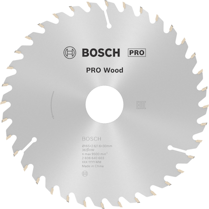 Rund sågklinga märkt "Bosch Pro Wood 216x30mm, 36T, max 8500 rpm, Made in China".