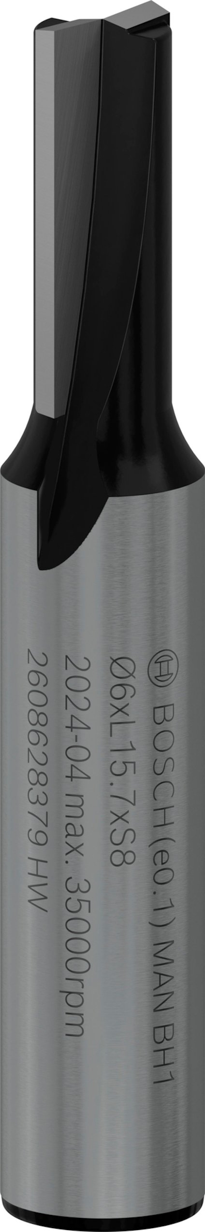 Cylindrisk fräs med Bosch-logotyp och text ingraverad på sidan, mörkt skärområde upptill.