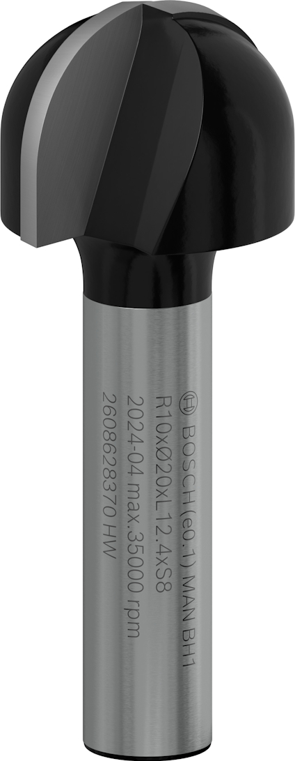 Fräsverktyg med rundad skäregg och skaft märkt "R10x20x12.7x8".