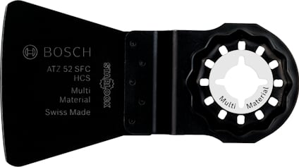 Svart Bosch multiverktygsblad med vit stjärnformad infästning och text: "ATZ 52 SFC, HCS, Multi Material, Swiss Made".