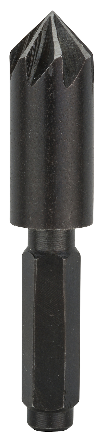 Konisk metallborr med sexkantigt skaft och skärande spets för försänkningar.
