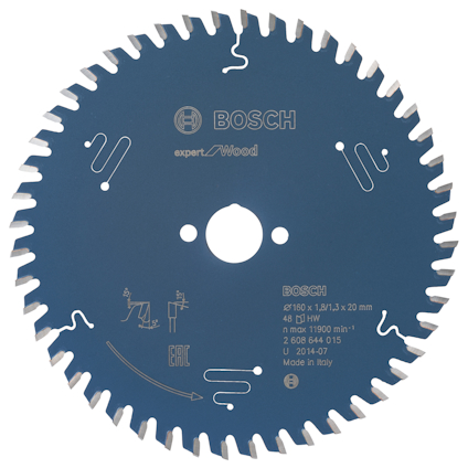 Blå Bosch sågtillbehör, "expert Wood", 48 tänder, 160x1.8/1.3x20 mm. Made in Italy.