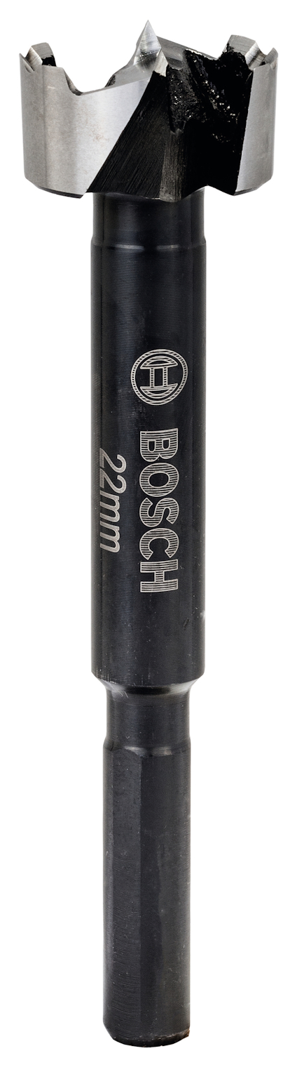 Svart borrhuvud med silverfärgad spets, märkt "BOSCH 22mm" på skaftet.