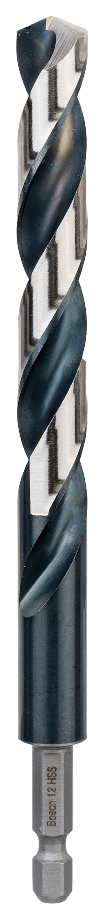 Borr med spiralformade skär och sexkantigt fäste.