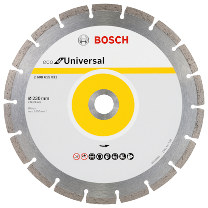 Cirkelformat sågblad med Bosch-logotyp. Märkt "eco for Universal," 230 mm, maxhastighet 6500 varv/min.