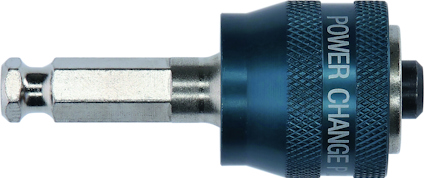 Borrchuck med texten "POWER CHANGE" i blått och metall.