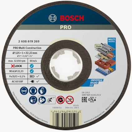 Rund skärskiva Bosch PRO, 125 x 1 x 22,23 mm. Inkluderar etikett med specifikationer och grafik av skivan i användning.