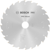 Cirkelsågblad Bosch Pro Wood med tänder, text: "Bosch Pro Wood" och specifikationer, grått och silverfärgat.