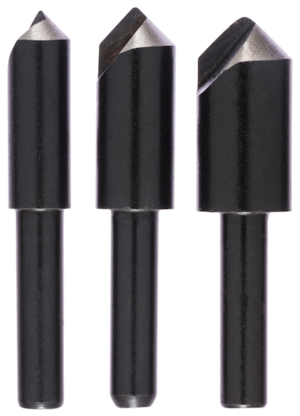 Tre svarta försänkare med olika storlek och spetsform, anpassade för borrning.