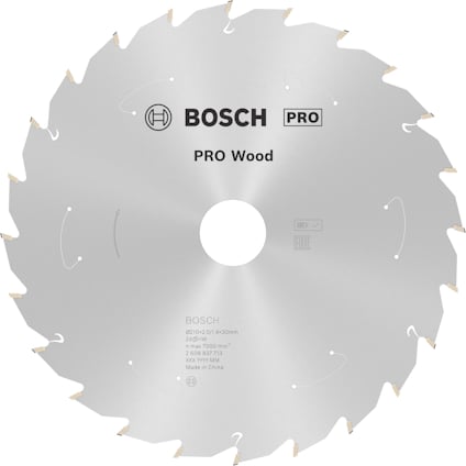 Cirkelsågblad med texten "BOSCH PRO Wood", specifikationer och märkningen "Made in China".
