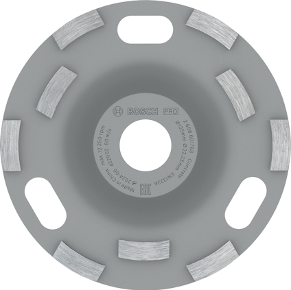 Grå Bosch slip- eller kapskiva med metalliska segment och specifikationer tryckta i mitten.