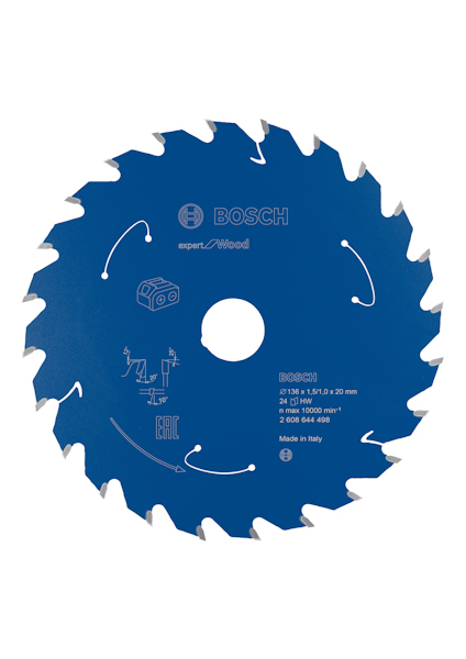 Blå cirkelsågklinga med Bosch-logotyp och specifikationer: 210x30 mm, 24T, max 10500 rpm, tillverkad i Italien.
