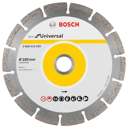 Cirkelsågklinga märkta Bosch Eco Universal, Ø 180 mm, max 8500 rpm.