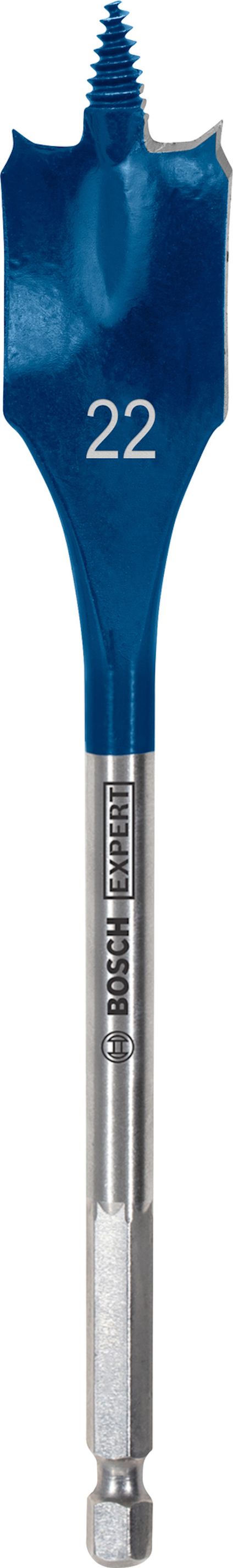 Blå borr med platt spadeform och skruvspets, märkning "22" och varumärke "Bosch" på metallaxeln.