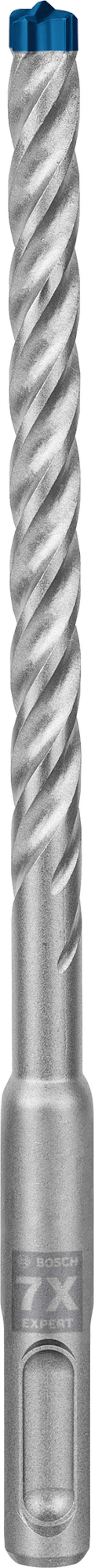 Metallborr med spiralformade räfflor och en blå spets upptill.