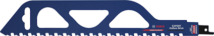 Blå tigersågklinga med grova tänder och märket Bosch. Expert Hollow Brick står på bladet.