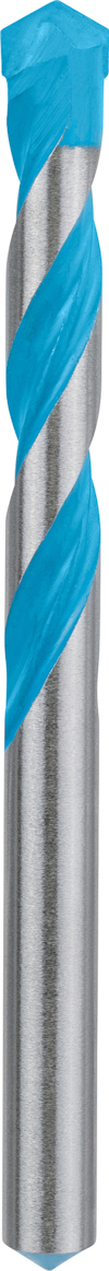 Metallborr med spiralformade blå markeringar och spetsig ände.