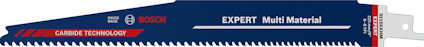 Sågklinga märkt "Bosch Expert Multi Material" med flera röda tänder och blå bakgrund.