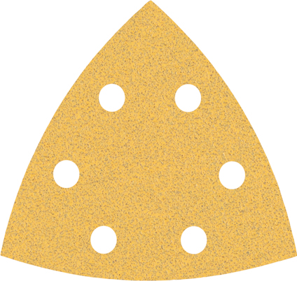 Triangulärt sandpapper med sex hål.