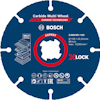 Blå sågklinga med text: "Carbide Multi Wheel", "BOSCH", "X-LOCK". Specifikationer och symboler finns även.