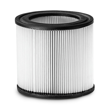 Cylindrisk patronfilter med veckad vit pappersstruktur och svarta gummikanter.