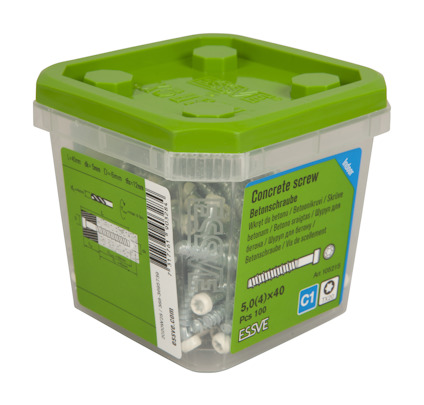 Förpackning med betongskruvar, 5,0x40 mm, 100 st, märkt ESSVE, grön och genomskinlig låda.