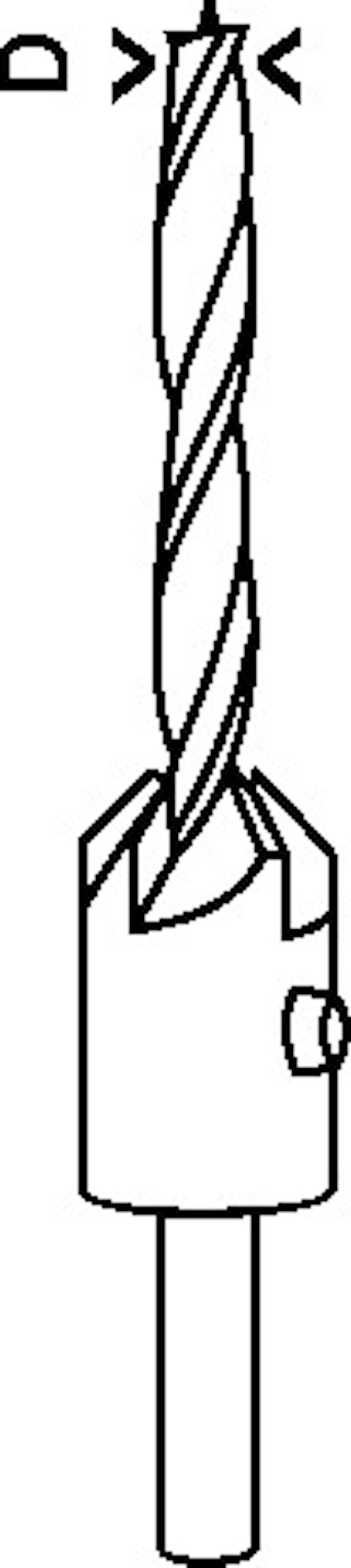 Ritning av borr med text "D" ovanför. Borr med spiralformade skär och fästpunkt.