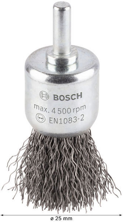 Stålborste med skaft, märkt "Bosch max 4500 rpm EN1083-2", diameter 25 mm.