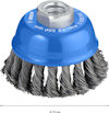 Blå ståltrådskopp med snodda borst, märke Bosch, max 12 500 rpm, diameter 75 mm.