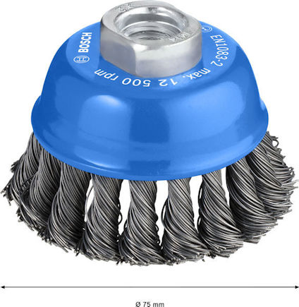 Blå ståltrådskopp med snodda borst, märke Bosch, max 12 500 rpm, diameter 75 mm.