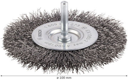 Stålborste med skaft och en diameter på 100 mm. Märkt med "ø100mm" och "4500 rpm max".